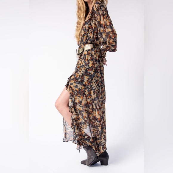 NWT $575 Iro Jorma Ruffled Printed Georgette Midi Dress In Black - Picture 6 of 11